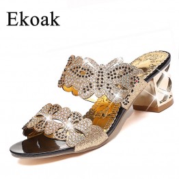 Ekoak 2017 New fashion rhinestone cut-outs women sandals Square heel Party summer shoes woman high heels sandals with Butterfly