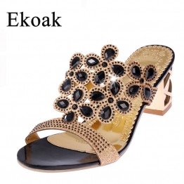 Ekoak Size 35-41 New 2017 Summer Fashion Women Big Rhinestone Cut-outs High Heel Sandals Ladies Party Shoes Woman Beach Slippers