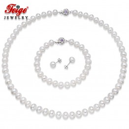 FEIGE Genuine 7.5-8.5mm White Round Natural Freshwater Pearl Necklace Earrings Bracelet Jewelry Sets Holiday Gift For Girlfriend