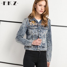 FKZ Fashion Women Jeans Jacket Ladies Denim Embroidery Coat Woman Washed Jeans Tops Vogue Vintage Boyfriend Outerwear SKCJS8331