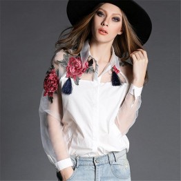 Fashion 2017 Embroidered Shirt European Style Blouse Long Sleeve Womens White Shirt Embroidered Mesh Womens Blouse