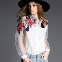 Fashion 2017 Embroidered Shirt European Style Blouse Long Sleeve Womens White Shirt Embroidered Mesh Womens Blouse