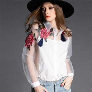Fashion 2017 Embroidered Shirt European Style Blouse Long Sleeve Womens White Shirt Embroidered Mesh Womens Blouse32801613705
