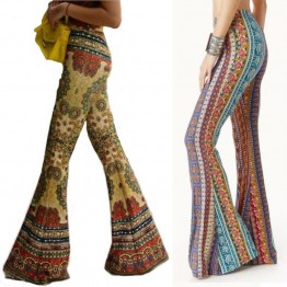 Fashion Flower High Waist Boho Pants Women Floral Printed Bell Bottom Pant Summer Wide Leg Flare Stretch Trousers C1