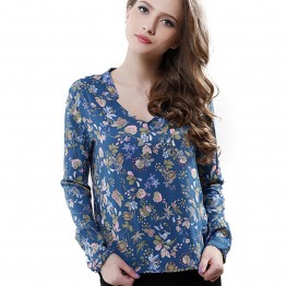 Fashion Women Elegant vintage Long Sleeve V-neck Floral Print Blouses OL Shirts Casual Women Blouse Tops