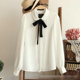 Fashion female elegant bow tie white blouses Chiffon peter pan collar casual shirt Ladies tops school blouse Women Plus Size