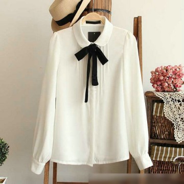Fashion female elegant bow tie white blouses Chiffon peter pan collar casual shirt Ladies tops school blouse Women Plus Size32445594588