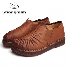 Folk Style Genuine Leather  Flats Shoes Pleated Women's Woven Flats Shoe Comfortable Original Shoes For Driving Ladies Plus Size