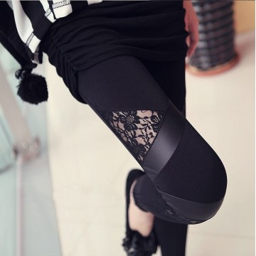 Free Shipping Fashion Leggins Triangular floral lace fake leather pants lady sexy panties Skinny Stretch Pants for spring autumn32221669058