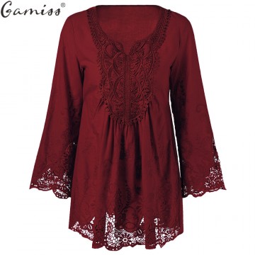Gamiss Plus Size 5XL Female Blusa Retro Spring Autumn Lace Floral Crochet Patchwork Hollow Long Sleeve Top Feminine Blouse Shirt32767062486