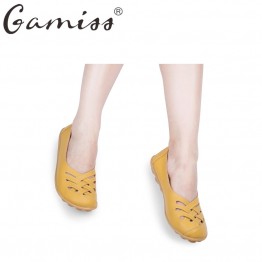 Gamiss Summer Casual Women Hollow Flat Shoes Genuine Leather Soft Soled Women Shoe Casual Flat Loafer Shoes Ballet Women Flats
