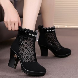 Genuine leather female spring and autumn boots cutout mesh high-heeled martin boots women's shoes