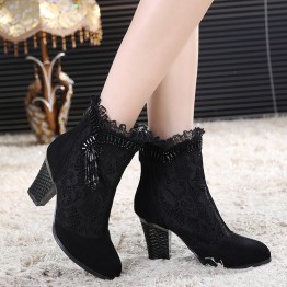 Genuine leather female spring and autumn boots high-heeled shoes net boots lace women's shoes