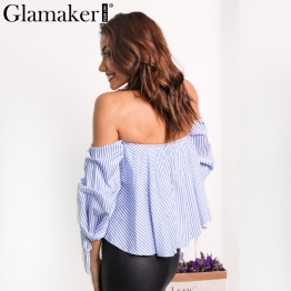 Glamaker Sexy plaid off shoulder blouse shirt Spring striped backless women tops Slim elegant beach blouse blusas