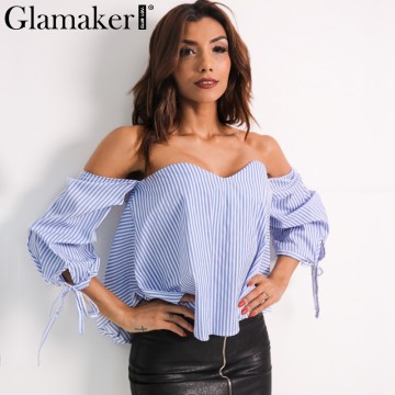 Glamaker Sexy plaid off shoulder blouse shirt Spring striped backless women tops Slim elegant beach blouse blusas32787440276