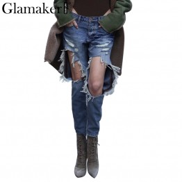 Glamaker vintage ripped jeans women Boyfriend hold jeans punk casual pants Denim jeans pants female 2017 spring summer