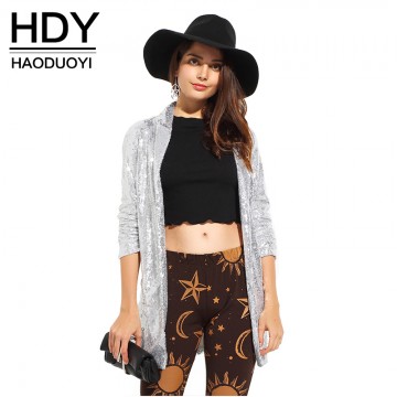 HDY Haoduoyi 2017 Autumn Fashion Women Silver Sequined Coats Turn-down Collar Long Sleeve Outwears Cardigan Jackets