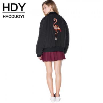 HDY Haoduoyi 2017 Autumn Fashion Women Solid Black Flamingos Embroidery Back Outwear Coats Zipper Long Sleeve Bomber Jackets