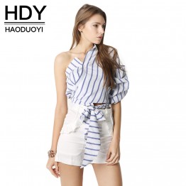 HDY Haoduoyi Striped Women Blouses One Shoulder V-neck Half Puff Sleeve Casual Shirts Women Bow Ruffle Tie Waist Slim Tops