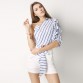 HDY Haoduoyi Striped Women Blouses One Shoulder V-neck Half Puff Sleeve Casual Shirts Women Bow Ruffle Tie Waist Slim Tops32779136266