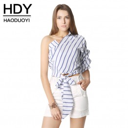 HDY Haoduoyi Striped Women Blouses One Shoulder V-neck Half Puff Sleeve Casual Shirts Women Bow Ruffle Tie Waist Slim Tops