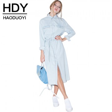 HDY Haoduoyi Women Retro Denim Dress Front Belt Casual Vintage Dress Women Blue Solid Midi Shirt Dress Robe Femme Vestido32522103241