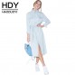 HDY Haoduoyi Women Retro Denim Dress Front Belt Casual Vintage Dress Women Blue Solid Midi Shirt Dress Robe Femme Vestido
