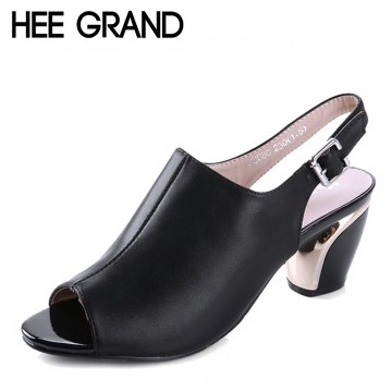 HEE GRAND Women Summer Sandals Peep-toe Solid PU Leather Med High Heels Shoes Woman Square Heel Pumps Spring Size 35-40 WXG04432649029682