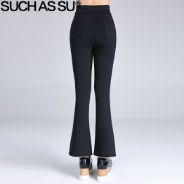 High Waist Flare Pants 2017 New Spring Summer Edging Black Button Stretch Pants For Women Plus Size M-3XL Bell Bottoms