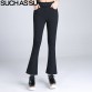 High Waist Flare Pants 2017 New Spring Summer Edging Black Button Stretch Pants For Women Plus Size M-3XL Bell Bottoms32795990757