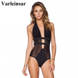 Hot Black sheer mesh splicing halter sexy one piece swimsuit swimming suit for women swimwear bathing suit Maillot de bain V140