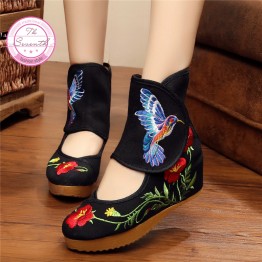 Hummingbird Chinese Style Noble Mary Janes Inside Increased Embroidery 5cm Pumps Cloth Shoes Woman Dance Shoes