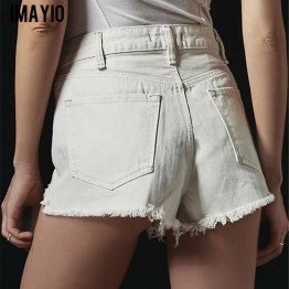 Imayio Jean Shorts white Denim shorts women summer casual hole tassel female Vintage womens workout shorts high waist Bottoms