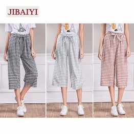 JIBAIYI Plaid wide leg pants bow elastic waist pants women 2017 summer plus size bottoms female cute kpop trousers calf length