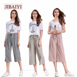 JIBAIYI Plaid wide leg pants bow elastic waist pants women 2017 summer plus size bottoms female cute kpop trousers calf length