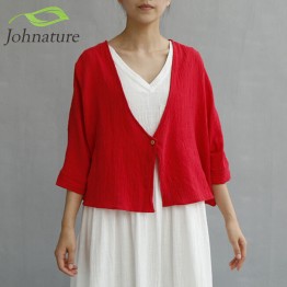 Johnature 2017 New Autumn Womens One Button Jacket  Cotton Linen Soft Bat Sleeve Cardigan Simple Short Style Loose Cloak Jacket
