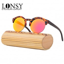 LONSY Bamboo Sunglasses Female Vintage Half Frame Wood Sunglasses Women Handmade Sun Glasses For Women Oculos de sol feminino