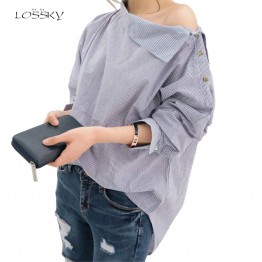 LOSSKY 2017 Spring Women's Striped Sexy Oblique Collar Shirt Loose Long-sleeved Women Bat Sleeve Plus Size Blouse Shirts Tops