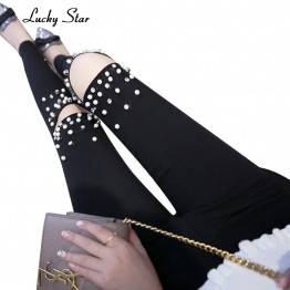 LUCKY STAR High Stretch Rivet Beading Jeans Hole Elastic Skinny Jeans Woman Pencil Pants Black White Jeans Female D212