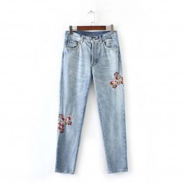 LWELA embroidery casual pencil jeans woman bottoms 2017 summer high waist light blue jeans ladies pants