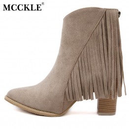 MCCKLE Woman Tassels Casual Ankle Boots Ladies Fashion Shoes Leather Pointed Toe High Heels Women's Fringed Boots Zapatos Mujer