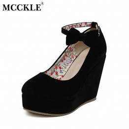 MCCKLE  Women Fashion Buckle Ladies Shoes Wedges High Heels Platform black casual bowtie Pumps tenis feminino sapato feminino 