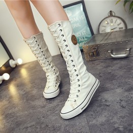 Manresar 2016 New Fashion 7Colors Women's Canvas Boots Lace Zip Knee High Boots Women Boots Flats Casual Tall Punk Shoes Girls