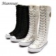 Manresar 2016 New Fashion 7Colors Women's Canvas Boots Lace Zip Knee High Boots Women Boots Flats Casual Tall Punk Shoes Girls