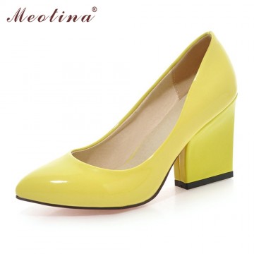Meotina High Heels Shoes Women White Wedding Shoes Thick High Heels Fashion Party Pumps Footwear Yellow Red Big Size 9 10 41 4332732679850