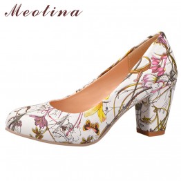 Meotina High Heels Women Shoes Heels Round Toe Square Heels Female Flower Pumps Cheap Work Shoes Yellow Red Large size 9 10 43