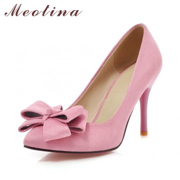 Meotina Latest Shoes Women Pumps Spring Pointed Toe Basic Party Thin High Heels Bow Ladies Shoes Pink Black Large Size 9 10 4332308935242