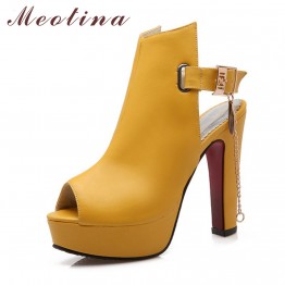 Meotina Shoes Women High Heels Pumps Spring Peep Toe Gladiator Shoes Female Chains Sequined High Heels Platform Shoes Yellow 43