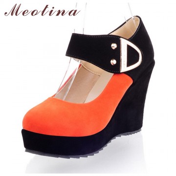 Meotina Shoes Women Pumps Spring Autumn Mary Jane Casual Platform Shoes Wedges Heels Flock Sequined Beige Red Plus Size 41 42 4332324434587