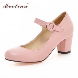 Meotina Women Shoes Mary Jane Ladies High Heels White Wedding Shoes Thick Heel Pumps Lady Shoes Black Pink Beige Plus Size 43 10